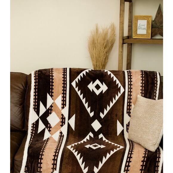 Lucky & Blessed Brown Ivory Aztec Sherpa Blanket Rustic Boho Western NEW 🪶 - Picture 1 of 4